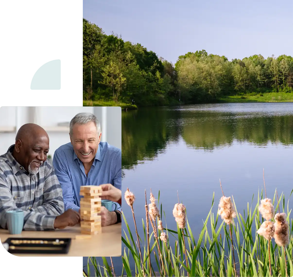 decorative collage depicting the scenic Cleveland Metroparks and diverse older men enjoying a game together